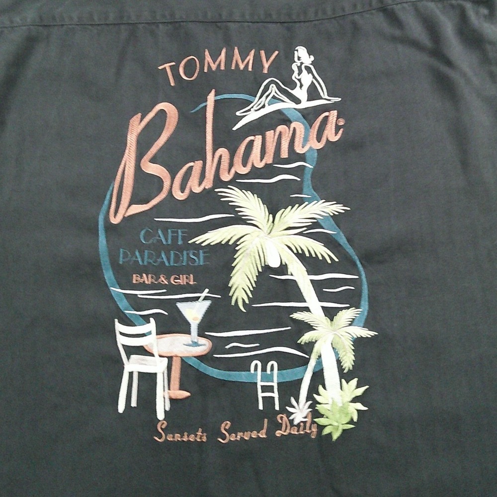 Tommy Bahama Button Down Mens XXL Black Silk Cafe Paradise Embroidered Shirt